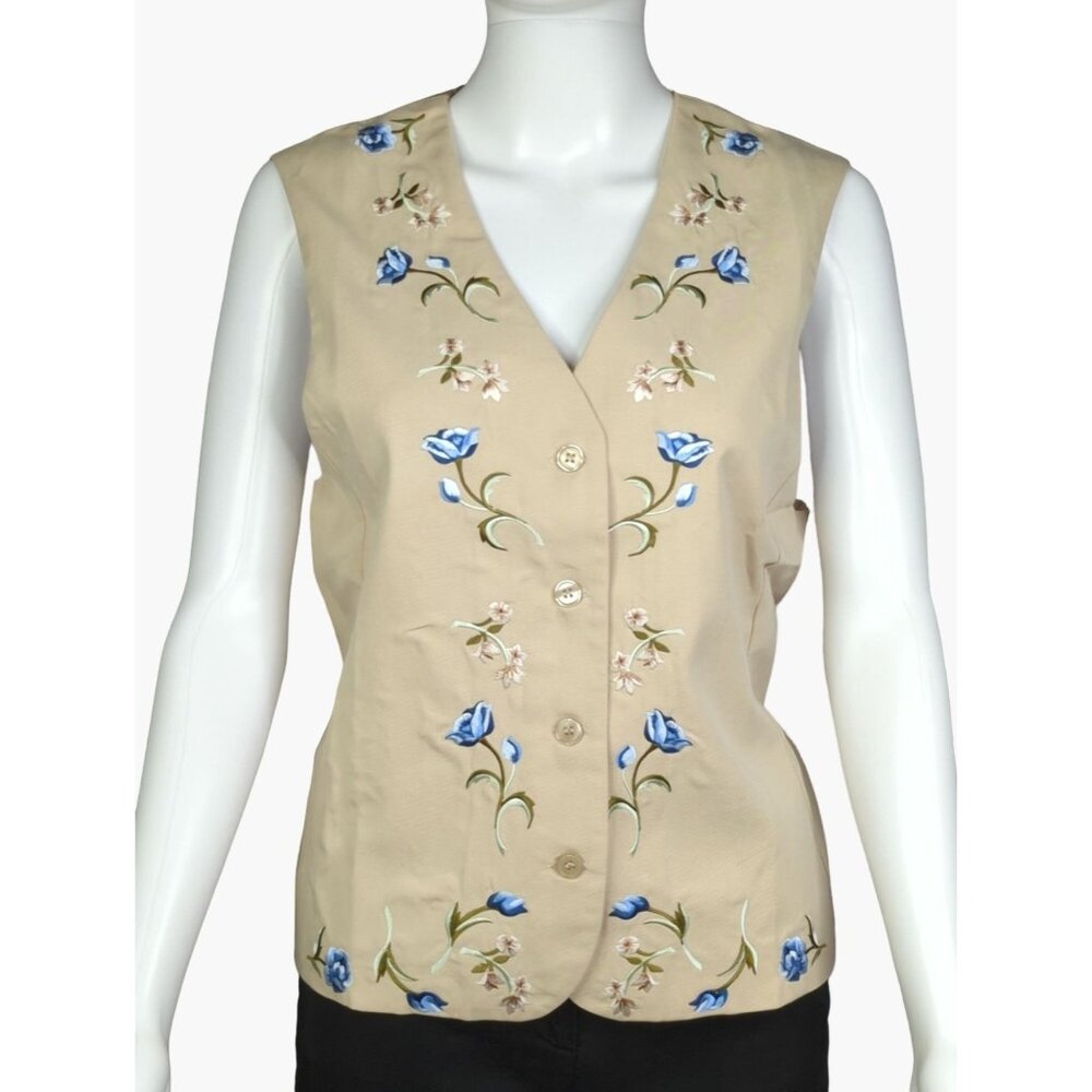 Vtg. Jessica Holbrook Womens Small Taupe Vest Embroidered Floral Pattern New